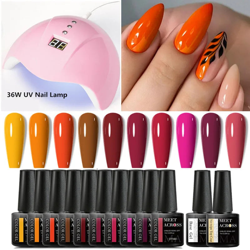 MEET ACROSS 13Pcs Gel Nail Polish Set With UV Lamp Nail Dryer Semi Permanent Hybrid Soak Off UV LED Varnishes Nail Art Kits
