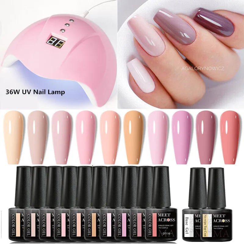 MEET ACROSS 13Pcs Gel Nail Polish Set With UV Lamp Nail Dryer Semi Permanent Hybrid Soak Off UV LED Varnishes Nail Art Kits