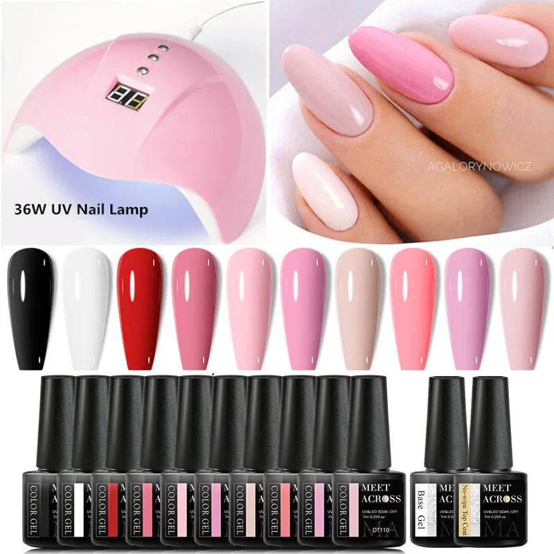 MEET ACROSS 13Pcs Gel Nail Polish Set With UV Lamp Nail Dryer Semi Permanent Hybrid Soak Off UV LED Varnishes Nail Art Kits