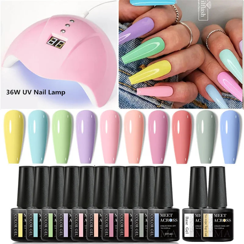 MEET ACROSS 13Pcs Gel Nail Polish Set With UV Lamp Nail Dryer Semi Permanent Hybrid Soak Off UV LED Varnishes Nail Art Kits