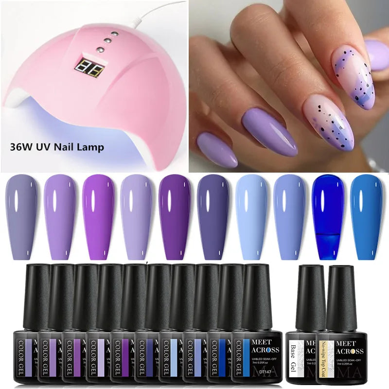 MEET ACROSS 13Pcs Gel Nail Polish Set With UV Lamp Nail Dryer Semi Permanent Hybrid Soak Off UV LED Varnishes Nail Art Kits